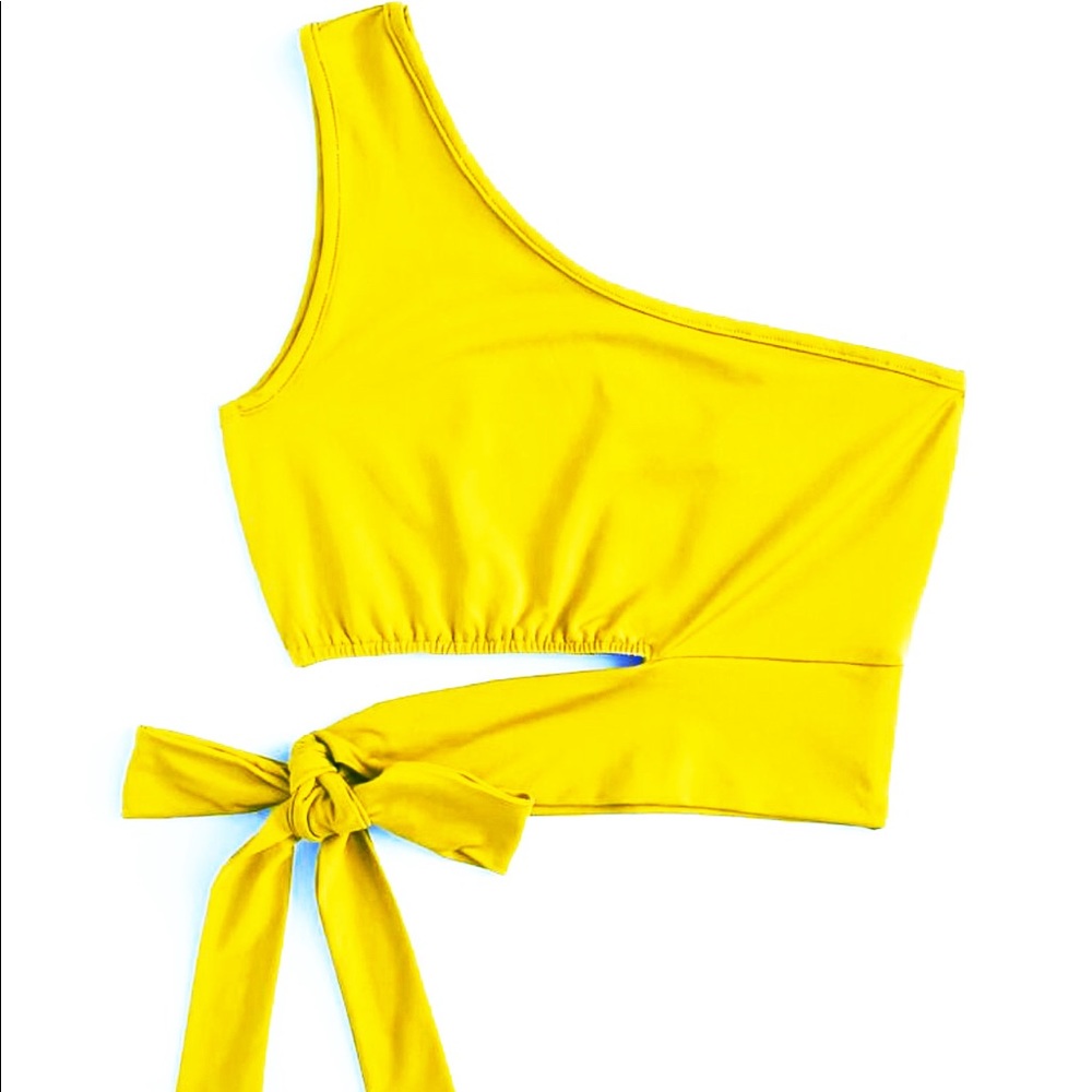 Yellow one shoulder cut out tied crop top